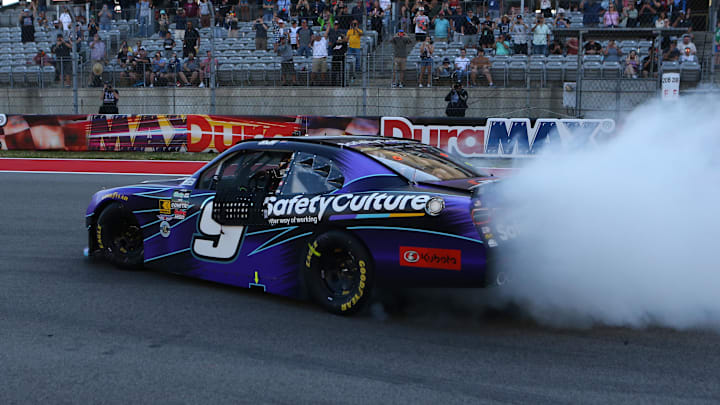 Feb 28, 2026; Austin, Texas, USA;  O’Reilly NASCAR O’Reilly Auto Parts Series driver Shane Van Gisbergen (9) celebrates winning the NASCAR O’Reilly Auto Parts Series Focused Health 250 at Circuit of the Americas.