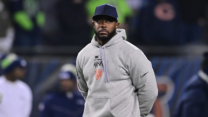 Dec 26, 2024; Chicago, Illinois, USA; Chicago Bears interim head coach Thomas Brown looks on before the game against the Seattle Seahawks at Soldier Field. Mandatory Credit: Daniel Bartel-Imagn Images
