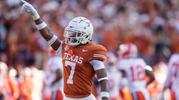 Texas Longhorns defensive back Jahdae Barron celebrates a turnover against Clemson Tigers in thein the first round of the NCAA College Football Playoffs on Dec. 21, 2024, at Darrell K Royal Texas Memorial Stadium in Austin, Texas.