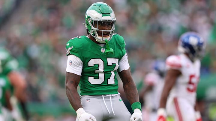 Philadelphia Eagles running back Tank Bigsby (37) reacts during the fourth quarter against the New York Giants at Lincoln Financial Field. 