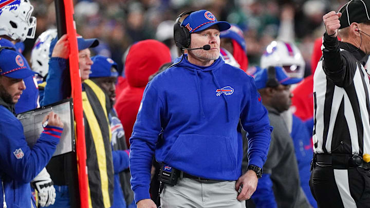 Oct 14, 2024; East Rutherford, New Jersey, USA; Buffalo Bills head coach Sean McDermott looks on during the first half against the New York Jets at MetLife Stadium.