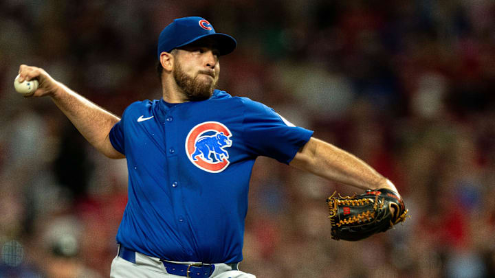 Chicago Cubs pitcher Aaron Civale (38) pitches in the sixth inning between the Cincinnati Reds and the Chicago Cubs at Great American Ball Park in Cincinnati on Sept. 20, 2025.
