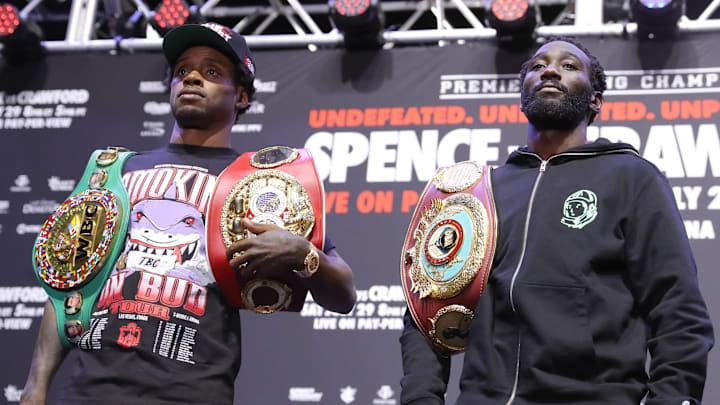 Terence Crawford and Errol Spence Jr. during a July 27, 2023 press conference. Terence Crawford and Errol Spence Jr. during a July 27, 2023 press conference.
