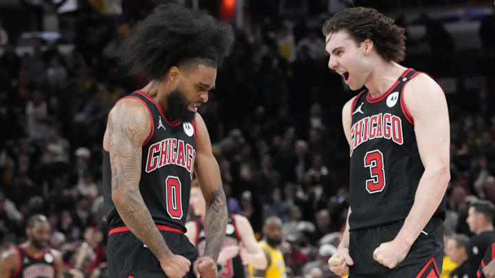 Mar 27, 2025; Chicago, Illinois, USA; Chicago Bulls guard Coby White (0) celebrates his three point basket against the Los Angeles Lakers with guard Josh Giddey (3) during the second half at United Center. Mandatory Credit: David Banks-Imagn Images Mar 27, 2025; Chicago, Illinois, USA; Chicago Bulls guard Coby White (0) celebrates his three point basket against the Los Angeles Lakers with guard Josh Giddey (3) during the second half at United Center. Mandatory Credit: David Banks-Imagn Images