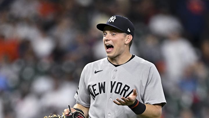 Apr 24, 2026; Houston, Texas, USA; New York Yankees first baseman Ben Rice (22) reacts after the win over Houston Astros at Daikin Park. Mandatory Credit: Maria Lysaker-Imagn Images