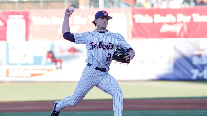 Ole Miss starting pitcher Riley Maddox (2) throws his opening pitch in the SEC game against Southern Miss. baseball at Trustmark Park in Pearl, Miss. on Tuesday, March 19, 2024.