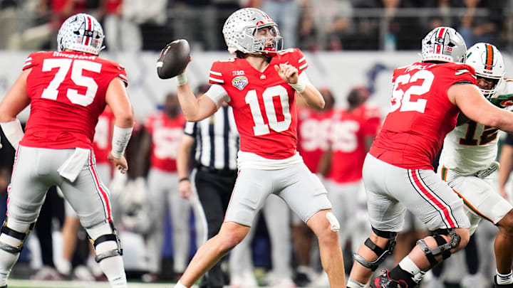Ohio State Buckeyes quarterback Julian Sayin (10) throws during the Cotton Bowl