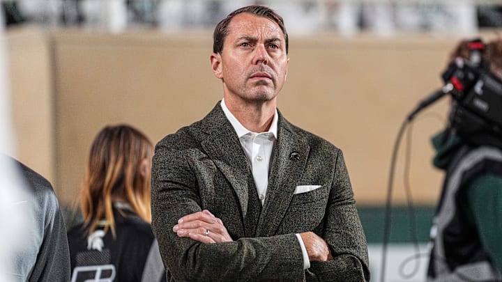 Michigan State Director of Athletics J Batt watches a play against Western Michigan form the sideline during the second half at Spartan Stadium in East Lansing on Friday, August 29, 2025.