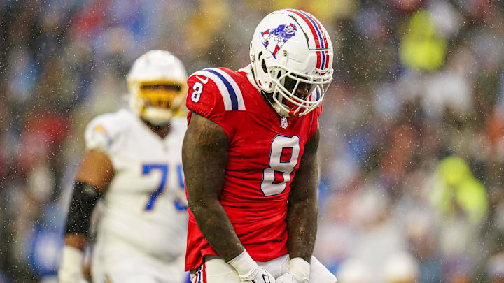 Dec 3, 2023; Foxborough, Massachusetts, USA; New England Patriots linebacker Ja'Whaun Bentley (8) reacts after his tackle against the Los Angeles Chargers in the second half at Gillette Stadium. Mandatory Credit: David Butler II-Imagn Images