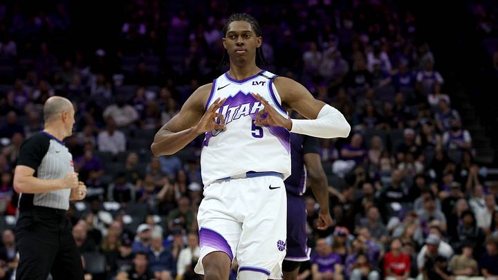 Mar 15, 2026; Sacramento, California, USA; Utah Jazz forward Cody Williams (5) reacts towards his bench after making a three-point basket against the Sacramento Kings during the fourth quarter at Golden 1 Center. Mandatory Credit: Dennis Lee-Imagn Images Mar 15, 2026; Sacramento, California, USA; Utah Jazz forward Cody Williams (5) reacts towards his bench after making a three-point basket against the Sacramento Kings during the fourth quarter at Golden 1 Center. Mandatory Credit: Dennis Lee-Imagn Images