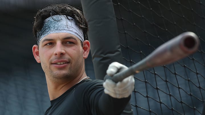 Sep 2, 2025; Pittsburgh, Pennsylvania, USA;  Pittsburgh Pirates infielder Nick Yorke (38) gestures at the batting cage before the game against the Los Angeles Dodgers at PNC Park. Mandatory Credit: Charles LeClaire-Imagn Images