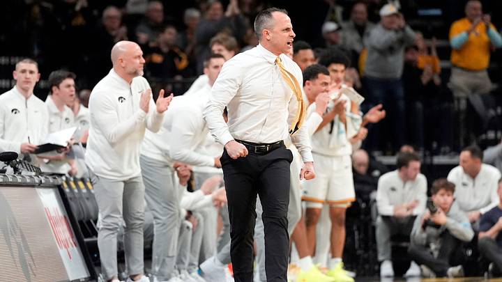 Iowa head coach Ben McCollum reacts during a basketball game against the USC Trojans Jan. 28, 2026 at Carver-Hawkeye Arena in Iowa City, Iowa.