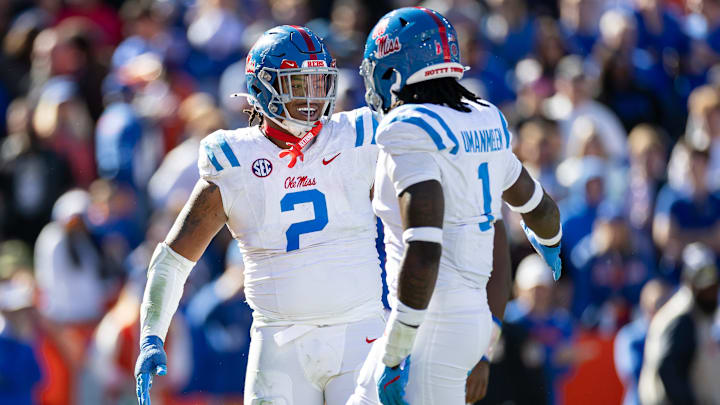 Nov 23, 2024; Gainesville, Florida, USA; Mississippi Rebels defensive tackle Walter Nolen (2) and defensive end Princely Umanmielen (1) celebrate a sack against the Florida Gators during the second half at Ben Hill Griffin Stadium. Mandatory Credit: Matt Pendleton-Imagn Images Nov 23, 2024; Gainesville, Florida, USA; Mississippi Rebels defensive tackle Walter Nolen (2) and defensive end Princely Umanmielen (1) celebrate a sack against the Florida Gators during the second half at Ben Hill Griffin Stadium. Mandatory Credit: Matt Pendleton-Imagn Images
