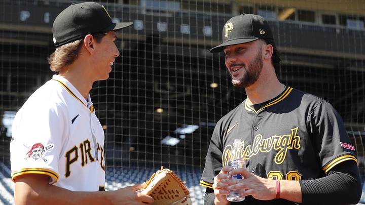 Jul 22, 2025; Pittsburgh, Pennsylvania, USA; Seth Hernandez (left), the Pittsburgh Pirates' first round and number six overall pick in the 2025 first-year player draft, talks with Pirates pitcher Paul Skenes (30) before the game against the Detroit Tigers at PNC Park. Mandatory Credit: Charles LeClaire-Imagn Images Jul 22, 2025; Pittsburgh, Pennsylvania, USA; Seth Hernandez (left), the Pittsburgh Pirates' first round and number six overall pick in the 2025 first-year player draft, talks with Pirates pitcher Paul Skenes (30) before the game against the Detroit Tigers at PNC Park. Mandatory Credit: Charles LeClaire-Imagn Images