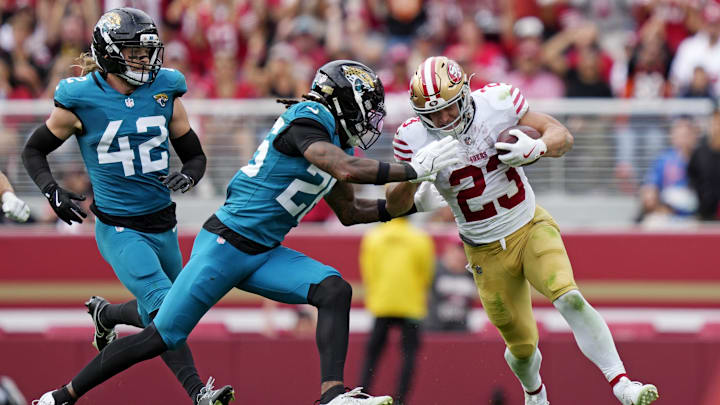 Sep 28, 2025; Santa Clara, California, USA; San Francisco 49ers running back Christian McCaffrey (23) runs the ball during the second half against the Jacksonville Jaguars at Levi's Stadium. Mandatory Credit: Kyle Terada-Imagn Images Sep 28, 2025; Santa Clara, California, USA; San Francisco 49ers running back Christian McCaffrey (23) runs the ball during the second half against the Jacksonville Jaguars at Levi's Stadium. Mandatory Credit: Kyle Terada-Imagn Images