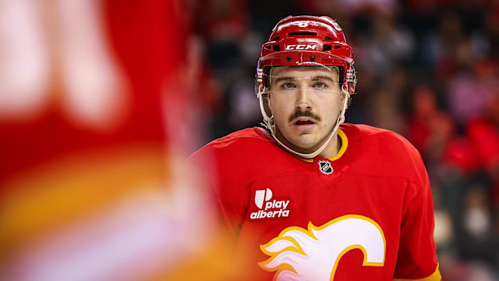 Nov 13, 2025; Calgary, Alberta, CAN; Calgary Flames left wing Rory Kerins (6) against the San Jose Sharks during the second period at Scotiabank Saddledome. Mandatory Credit: Sergei Belski-Imagn Images