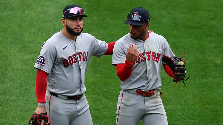 Aug 30, 2026; Bronx, New York, USA; Boston Red Sox outfielder Wilyer Abreu (52) and outfielder Ceddanne Rafaela (3) react after a play against the New York Yankees during the fifth inning at Yankee Stadium. Mandatory Credit: Vincent Carchietta-Imagn Images Aug 30, 2026; Bronx, New York, USA; Boston Red Sox outfielder Wilyer Abreu (52) and outfielder Ceddanne Rafaela (3) react after a play against the New York Yankees during the fifth inning at Yankee Stadium. Mandatory Credit: Vincent Carchietta-Imagn Images
