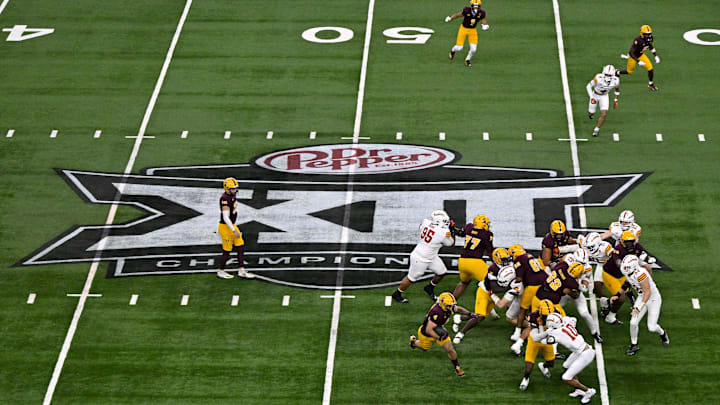Dec 7, 2024; Arlington, TX, USA; A view of the Big 12 logo and stadium during the game between the Iowa State Cyclones and the Arizona State Sun Devils at AT&T Stadium. Mandatory Credit: Jerome Miron-Imagn Images