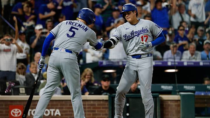 Aug 17, 2026; Denver, Colorado, USA; Los Angeles Dodgers designated hitter Shohei Ohtani (17) celebrates his solo home run with first baseman Freddie Freeman (5) in the fifth inning against the Colorado Rockies at Coors Field. Mandatory Credit: Isaiah J. Downing-Imagn Images Aug 17, 2026; Denver, Colorado, USA; Los Angeles Dodgers designated hitter Shohei Ohtani (17) celebrates his solo home run with first baseman Freddie Freeman (5) in the fifth inning against the Colorado Rockies at Coors Field. Mandatory Credit: Isaiah J. Downing-Imagn Images