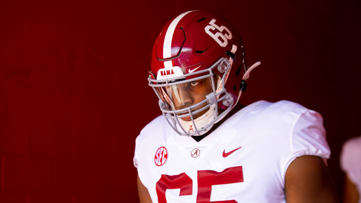 Sep 18, 2021; Gainesville, Florida, USA; Alabama Crimson Tide defensive lineman JC Latham (65)