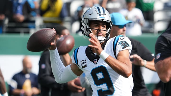 Oct 19, 2025; East Rutherford, New Jersey, USA; Carolina Panthers quarterback Bryce Young (9) warms up before the game against the New York Jets at MetLife Stadium. Mandatory Credit: Robert Deutsch-Imagn Images