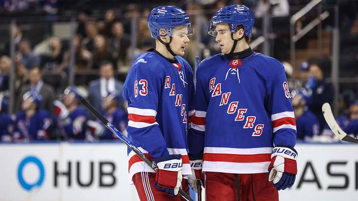 Sep 24, 2026; New York, New York, USA; New York Rangers defenseman Alberts Smits (63) talks with forward Liam Greentree (85) during the overtime period against the New Jersey Devils at Madison Square Garden. Mandatory Credit: Wendell Cruz-Imagn Images Sep 24, 2026; New York, New York, USA; New York Rangers defenseman Alberts Smits (63) talks with forward Liam Greentree (85) during the overtime period against the New Jersey Devils at Madison Square Garden. Mandatory Credit: Wendell Cruz-Imagn Images