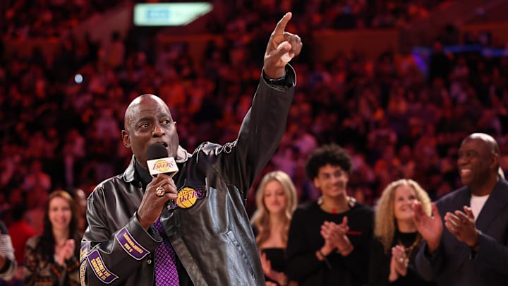 Jan 13, 2025; Los Angeles, California, USA;   Former Los Angeles Laker Michael Cooper speaks during his jersey retirement at halftime between the Lakers and the San Antonio Spurs at Crypto.com Arena. Mandatory Credit: Kiyoshi Mio-Imagn Images
