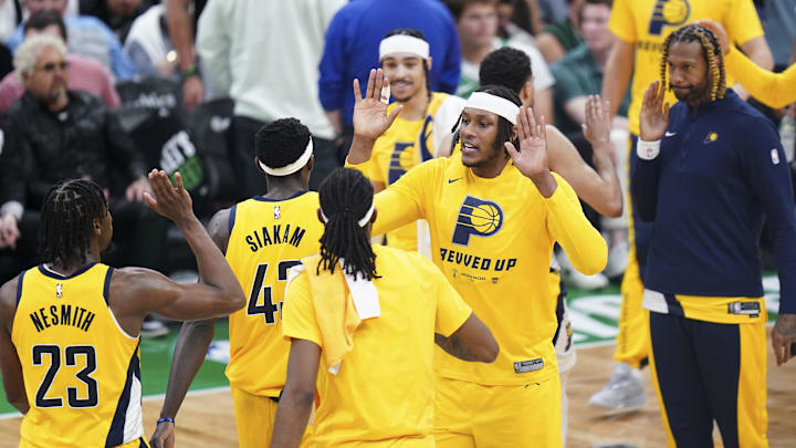 May 21, 2024; Boston, Massachusetts, USA; Indiana Pacers forward Pascal Siakam (43) and teammates react after his three point basket against the Boston Celtics in the third quarter during game one of the eastern conference finals for the 2024 NBA playoffs at TD Garden. Mandatory Credit: David Butler II-Imagn Images