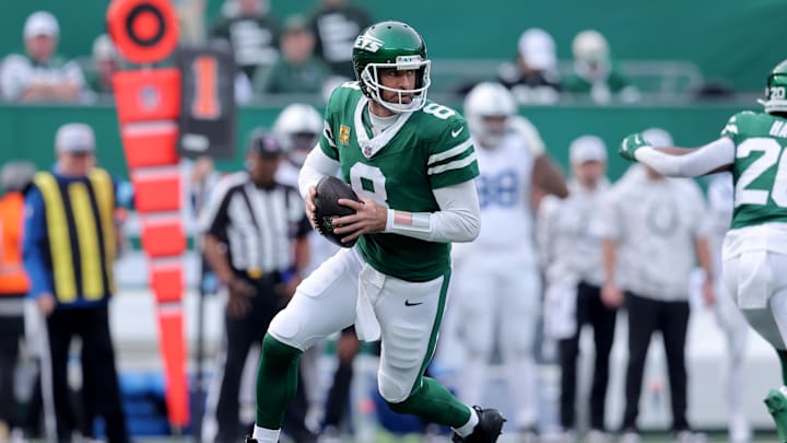 Nov 17, 2024; East Rutherford, New Jersey, USA; New York Jets quarterback Aaron Rodgers (8) drops back to pass against the Indianapolis Colts during the first quarter at MetLife Stadium. Mandatory Credit: Brad Penner-Imagn Images Nov 17, 2024; East Rutherford, New Jersey, USA; New York Jets quarterback Aaron Rodgers (8) drops back to pass against the Indianapolis Colts during the first quarter at MetLife Stadium. Mandatory Credit: Brad Penner-Imagn Images