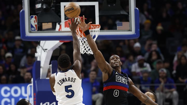Minnesota Timberwolves guard Anthony Edwards shoots on Detroit Pistons center Jalen Duren in the first half at Little Caesars Arena in Detroit on Jan. 4, 2025. 