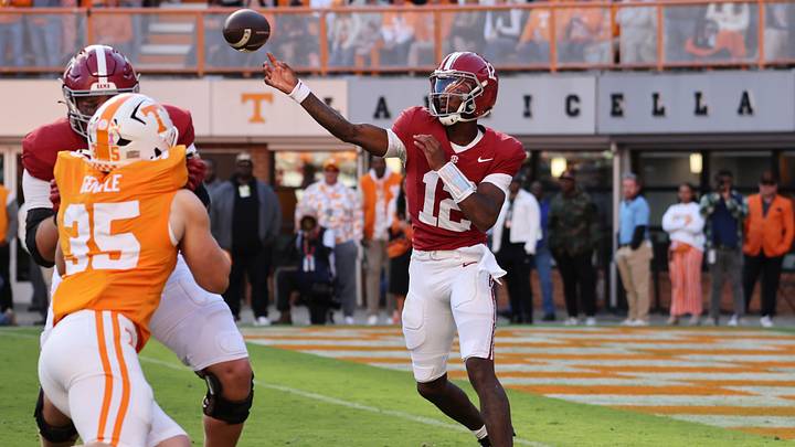 Oct 17, 2026; Knoxville, Tennessee, USA;  Alabama Crimson Tide quarterback Keelon Russell (12) passes against the Tennessee Volunteers during the first half at Neyland Stadium.  Mandatory Credit: Randy Sartin-Imagn Images