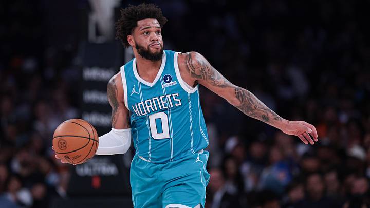 Apr 12, 2026; New York, New York, USA; Charlotte Hornets forward Miles Bridges (0) passes the ball during the first half against the New York Knicks at Madison Square Garden. Mandatory Credit: Vincent Carchietta-Imagn Images