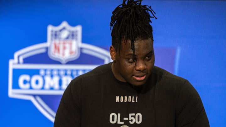 Mar 2, 2024; Indianapolis, IN, USA; Georgia offensive lineman Amarius Mims (OL50) talks to the media