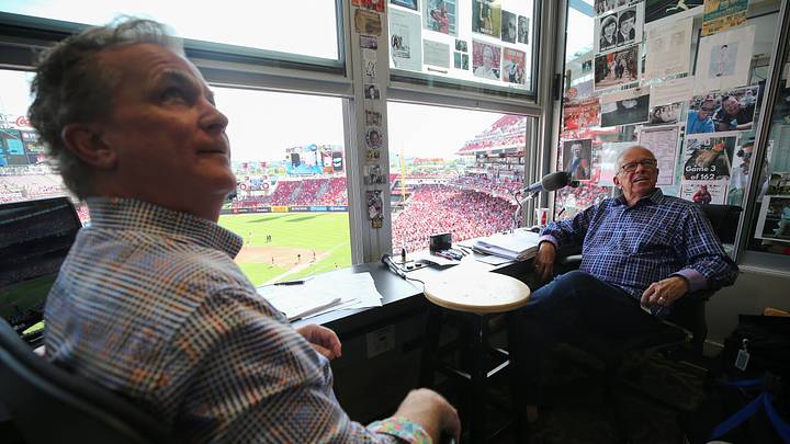Cincinnati Reds Hall of Fame broadcaster Marty Brennaman talks with color analyst Jeff Brantley on his last day before he retires after 46 years in the booth, Thursday, Sept. 26, 2019, at Great American Ball Park in Cincinnati.
Marty Brennaman S Last Day Sept 26 Cincinnati Reds Hall of Fame broadcaster Marty Brennaman talks with color analyst Jeff Brantley on his last day before he retires after 46 years in the booth, Thursday, Sept. 26, 2019, at Great American Ball Park in Cincinnati.
Marty Brennaman S Last Day Sept 26