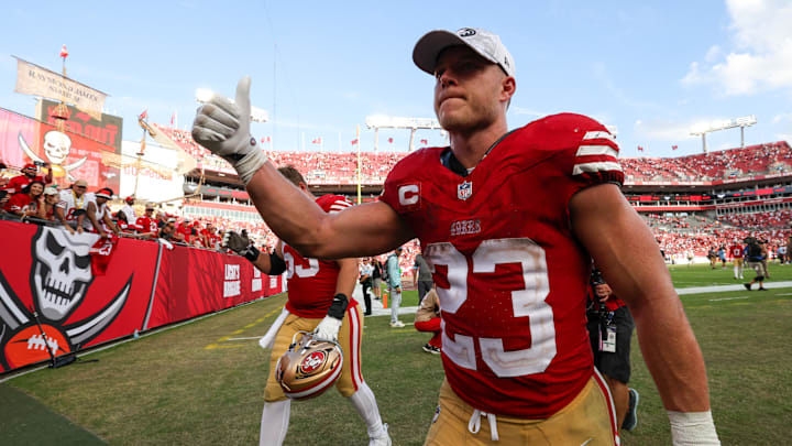 Nov 10, 2024; Tampa, Florida, USA; San Francisco 49ers running back Christian McCaffrey (23) celebrates after beating the Tampa Bay Buccaneers at Raymond James Stadium. Mandatory Credit: Nathan Ray Seebeck-Imagn Images