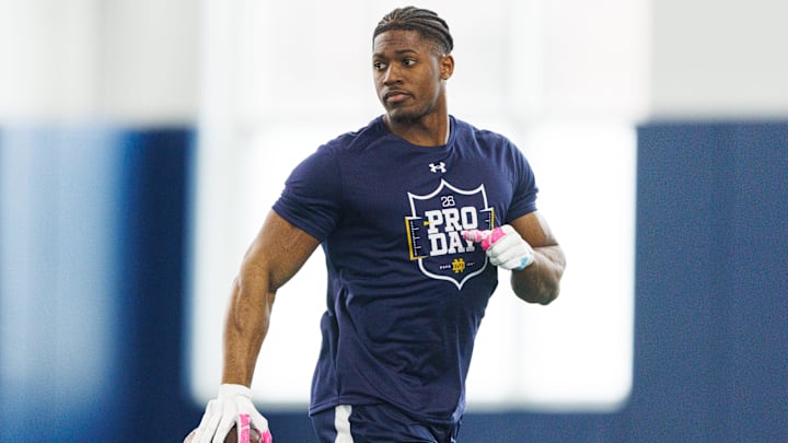 Running back Jadarian Price during Notre Dame football's Pro Day at Irish Athletic Center on Tuesday, March 24, 2026, in South Bend.