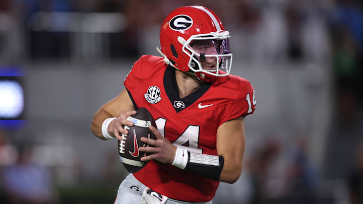 Sep 27, 2025; Athens, Georgia, USA; Georgia Bulldogs quarterback Gunner Stockton (14) looks to pass against the Alabama Crimson Tide in the first half at Sanford Stadium. Mandatory Credit: Brett Davis-Imagn Images Sep 27, 2025; Athens, Georgia, USA; Georgia Bulldogs quarterback Gunner Stockton (14) looks to pass against the Alabama Crimson Tide in the first half at Sanford Stadium. Mandatory Credit: Brett Davis-Imagn Images