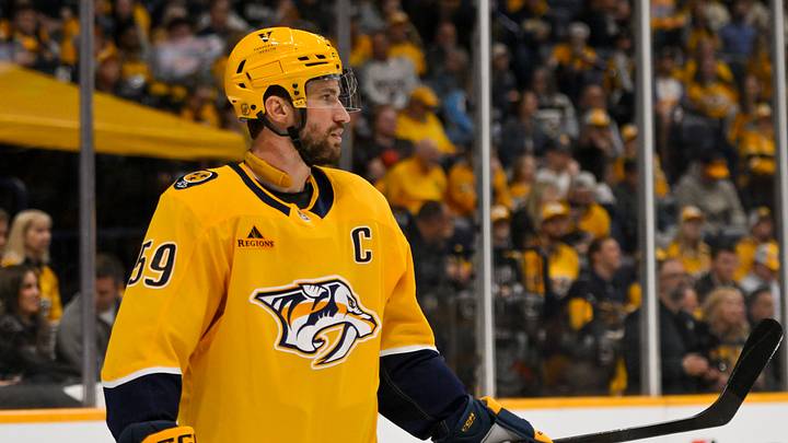 Mar 21, 2026; Nashville, Tennessee, USA; Nashville Predators defenseman Roman Josi (59) awaits the face-off against the Vegas Golden Knights during the third period at Bridgestone Arena. Mandatory Credit: Steve Roberts-Imagn Images Mar 21, 2026; Nashville, Tennessee, USA; Nashville Predators defenseman Roman Josi (59) awaits the face-off against the Vegas Golden Knights during the third period at Bridgestone Arena. Mandatory Credit: Steve Roberts-Imagn Images