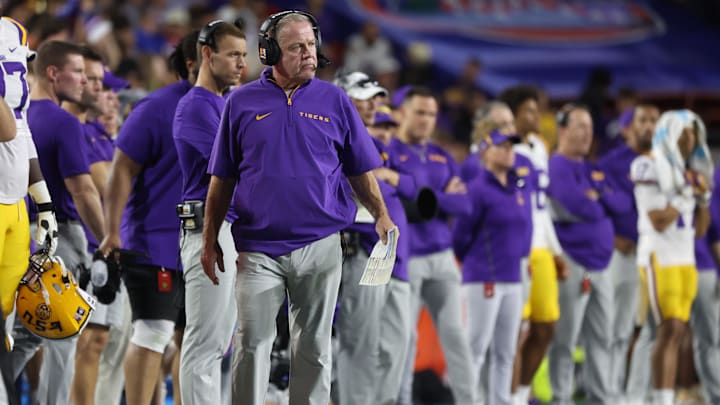 Nov 16, 2024; Gainesville, Florida, USA; LSU Tigers head coach Brian Kelly against the Florida Gators during the second half at Ben Hill Griffin Stadium. Mandatory Credit: Kim Klement Neitzel-Imagn Images