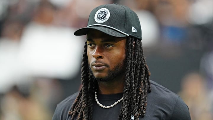 Sep 29, 2024; Paradise, Nevada, USA; Las Vegas Raiders wide receiver Davante Adams (17) walks the sideline before the start of a game between the Raiders and the Cleveland Browns at Allegiant Stadium.