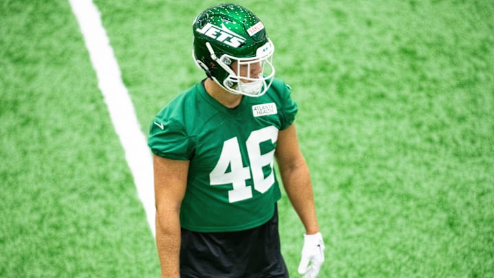 May 9, 2025; Florham Park, NJ, USA; New York Jets rookie tight end Mason Taylor (46) participates in a drill during the minicamp at Atlantic Health Jets Training Center. Mandatory Credit: Thomas Salus-Imagn Images