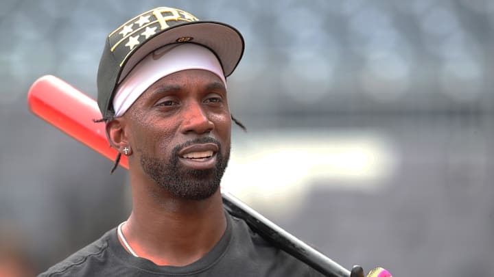 Jul 18, 2025; Pittsburgh, Pennsylvania, USA;  Pittsburgh Pirates designated hitter Andrew McCutchen (22) at the batting cage before the game against the Chicago White Sox at PNC Park. Mandatory Credit: Charles LeClaire-Imagn Images
