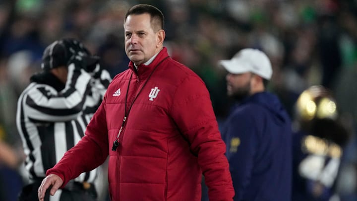 Indiana Hoosiers head coach Curt Cignetti walks the field before a game between the Indiana Hoosiers and the Notre Dame Fighting Irish in first round of the College Football Playoff on Friday, Dec. 20, 2024, in South Bend.
