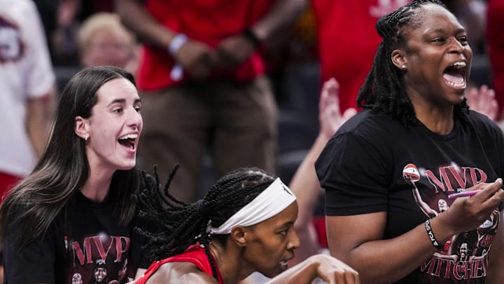 Aug 22, 2025; Indianapolis, IN, USA; Indiana Fever guard Caitlin Clark, left, celebrates with guard Shey Peddy (5) during a game against the Minnesota Lynx at Gainbridge Fieldhouse. Mandatory Credit: Grace Smith/USA Today Network via Imagn Images Aug 22, 2025; Indianapolis, IN, USA; Indiana Fever guard Caitlin Clark, left, celebrates with guard Shey Peddy (5) during a game against the Minnesota Lynx at Gainbridge Fieldhouse. Mandatory Credit: Grace Smith/USA Today Network via Imagn Images