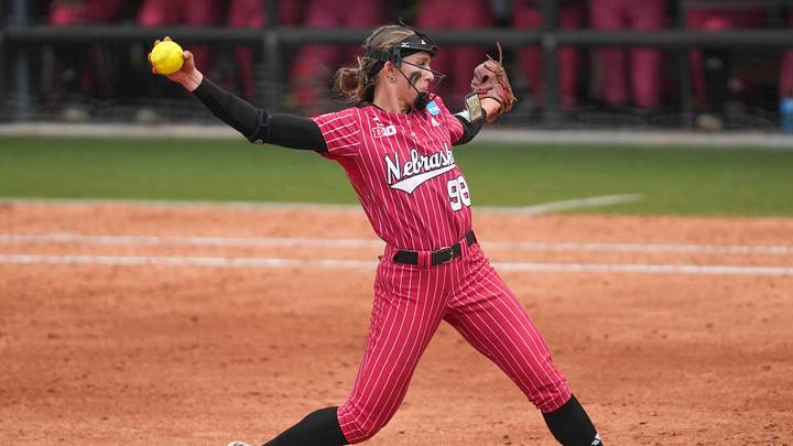 Nebraska's Jordyn Bahl (98) pitches during a NCAA super regionals softball game between the Tennessee Volunteers and Nebraska Cornhuskers at Sherri Parker Lee Stadium in Knoxville, Tenn., on May 25, 2025. Tennessee won 1-0 against Nebraska.