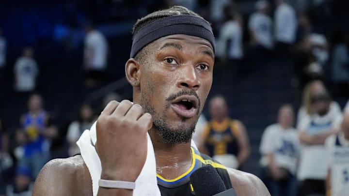 May 6, 2025; Minneapolis, Minnesota, USA; Golden State Warriors forward Jimmy Butler (10) conducts an interview after defeating the Minnesota Timberwolves during game one of the second round for the 2025 NBA Playoffs at Target Center. Mandatory Credit: Bruce Kluckhohn-Imagn Images May 6, 2025; Minneapolis, Minnesota, USA; Golden State Warriors forward Jimmy Butler (10) conducts an interview after defeating the Minnesota Timberwolves during game one of the second round for the 2025 NBA Playoffs at Target Center. Mandatory Credit: Bruce Kluckhohn-Imagn Images