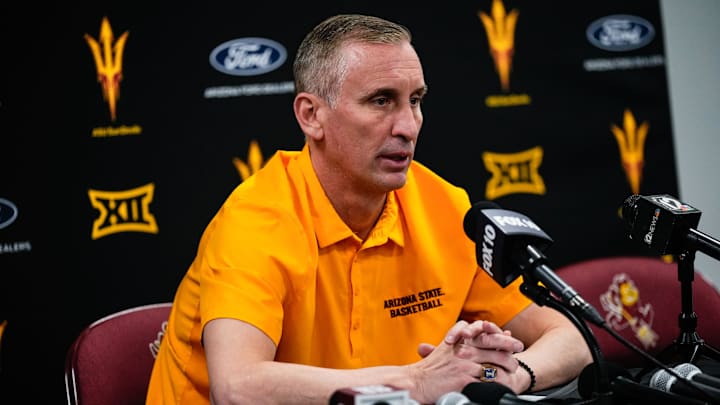 Mar 8, 2025; Tempe, Arizona, USA; Arizona State Sun Devils head coach Bobby Hurley during the press conference at Desert Financial Arena. Mandatory Credit: Arianna Grainey-Imagn Images