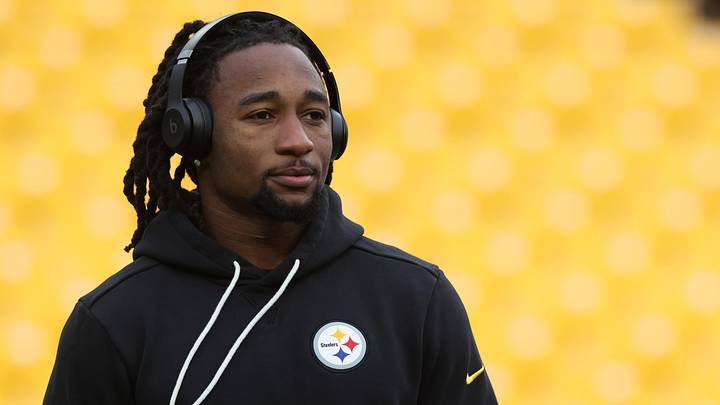 Nov 30, 2025; Pittsburgh, Pennsylvania, USA;  Pittsburgh Steelers cornerback Asante Samuel Jr. (22) walks the field before the game against the Buffalo Bills at Acrisure Stadium. Mandatory Credit: Charles LeClaire-Imagn Images