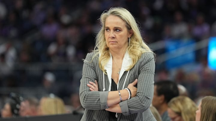 Jun 7, 2025; San Francisco, California, USA; Las Vegas Aces head coach Becky Hammon stands in front of the bench during the third quarter against the Golden State Valkyries at Chase Center. Mandatory Credit: Darren Yamashita-Imagn Images