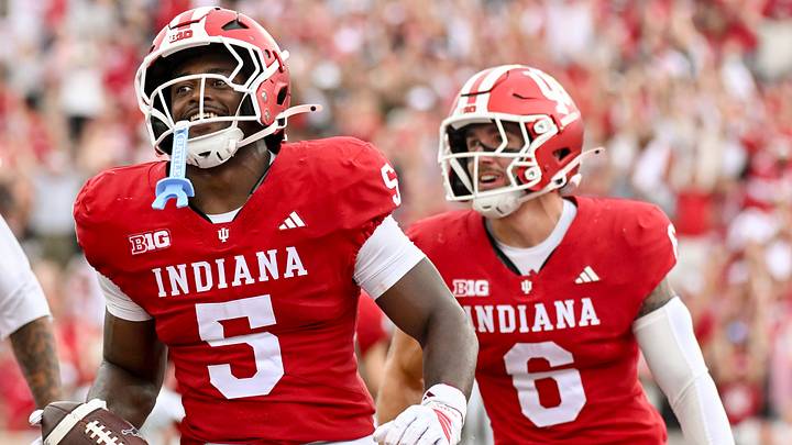 Sep 12, 2026; Bloomington, Indiana, USA; Indiana Hoosiers linebacker Rolijah Hardy (5) returns an interception for a touchdown against the Howard Bison during the first half at Merchants Bank Field at Memorial Stadium. Mandatory Credit: Robert Goddin-Imagn Images